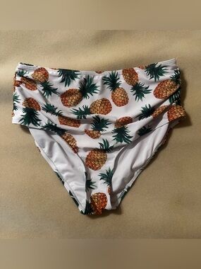 #1131‎ Pineapple Print High-Waisted Bikini Bottoms - White